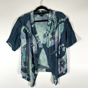 Citron Santa Monica Silk Blend Jacket Open Front Lightweight Geen Blue Petite M